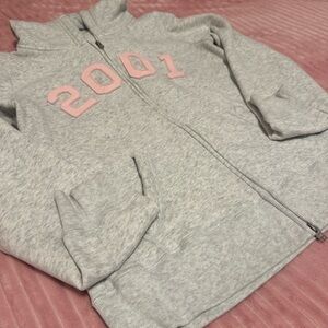 Hollister Women’s 2001 Zip-Up Hoodie - Grey with Pink Lettering - Size L